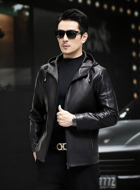 男士皮衣连帽款真皮夹克外套秋季薄款单装绵羊皮潮时尚休闲服