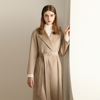 100纯山羊绒双面呢大衣女2025秋冬系带中长款外套时尚气质焦糖色