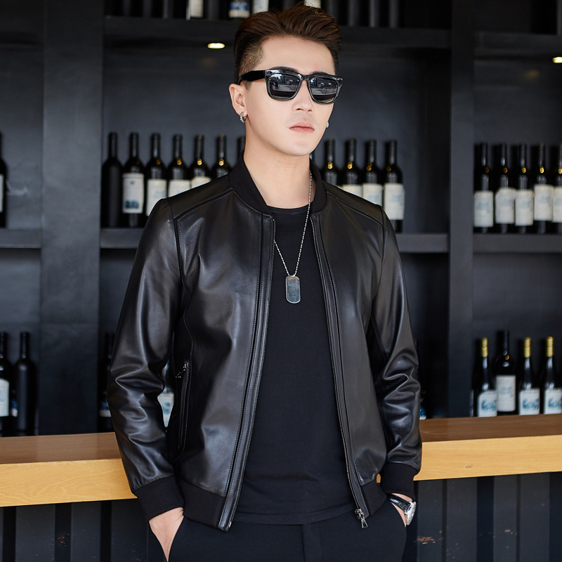 2025新款时尚绵羊皮真皮皮衣男士立领螺纹口休闲简约青年装棒球服
