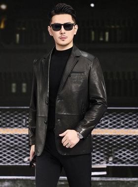 海宁真皮皮衣男士西装领休闲皮西装修身单排扣春秋新款外套