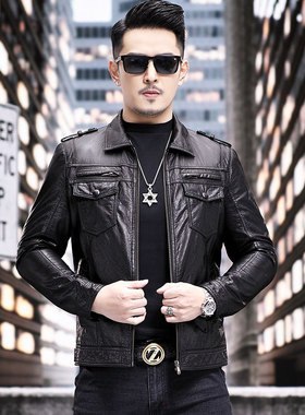 男士多口袋真皮皮衣秋季新款翻领机车休闲皮夹克油蜡牛皮单装外套