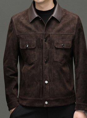 DLSN58156春秋款海宁男式羊反绒真皮皮衣男翻领修身休闲夹克