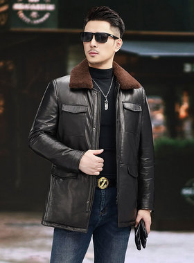 头层真皮山羊皮衣男士皮夹克可脱卸羊毛翻领保暖羽绒内胆加厚外套