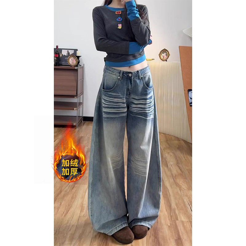 大码高个子加厚口袋折痕设计牛仔裤女秋冬新款宽松马蹄休闲直筒裤