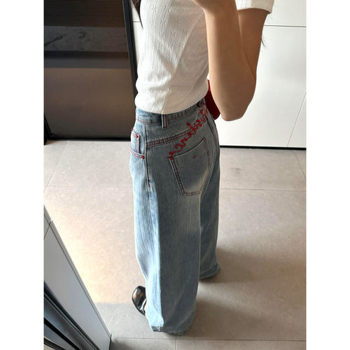美式复古刺绣高腰阔腿牛仔裤女
