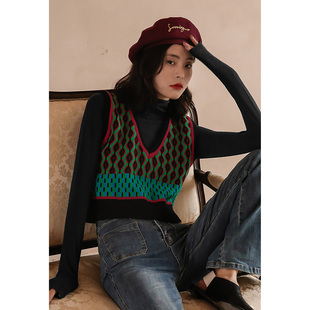 弥古复古针织马甲女小个子女秋冬叠穿短款v领毛线背心费尔岛毛衣