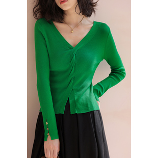 弥古绿色天丝针织衫上衣女设计感小众秋冬叠穿内搭打底毛衣高级感