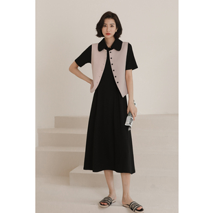 弥古黑色短袖针织polo连衣裙修身长裙高级感女秋冬内搭打底小黑裙