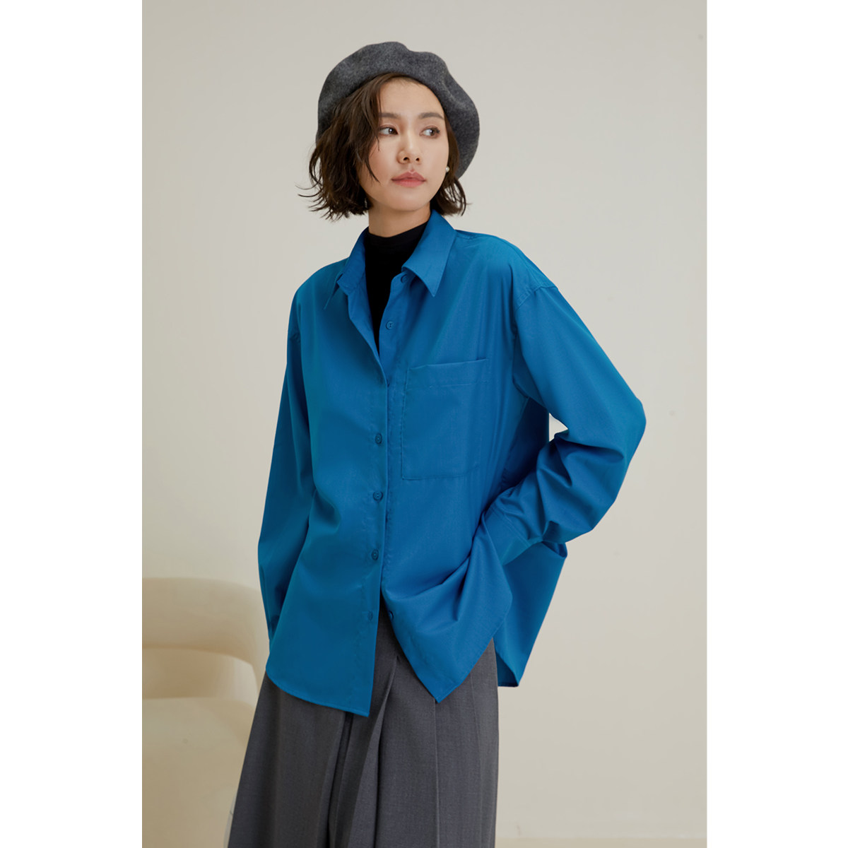 弥古法式蓝色衬衫高级感长袖衬衣
