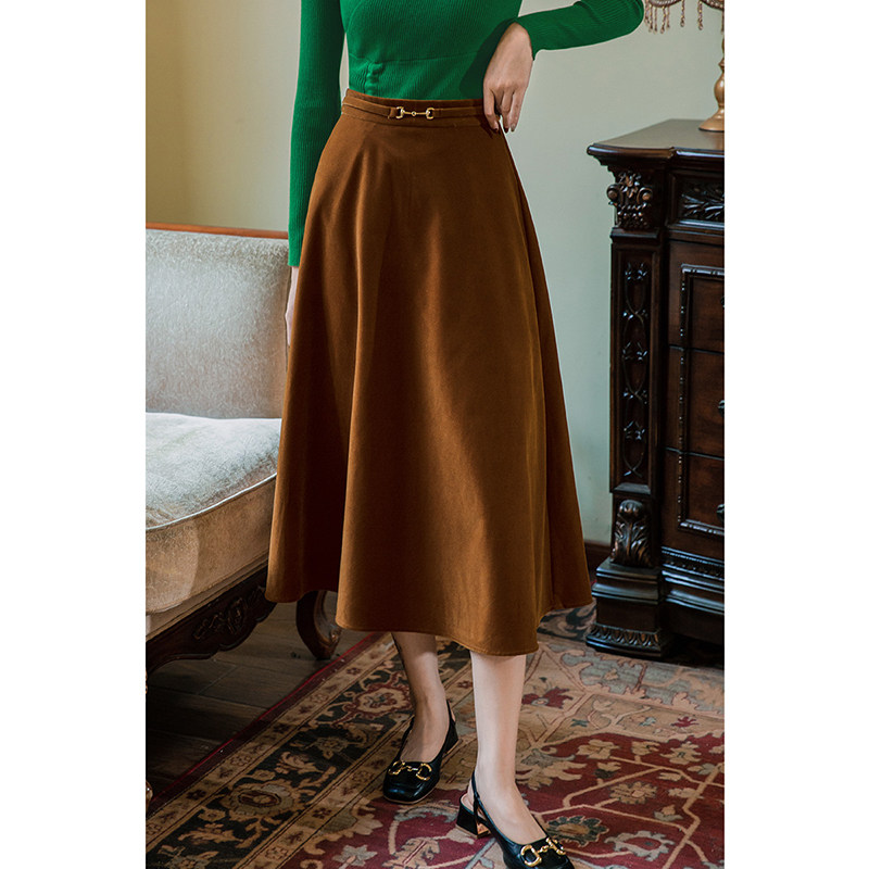 弥古黑色裙子丝绒a字半身裙女春秋高级感大摆伞裙中长款棕色半裙
