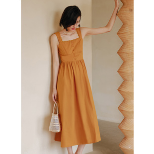 弥古宽肩带橙色连衣裙法式收腰吊带长裙女夏季高级感海边度假裙子