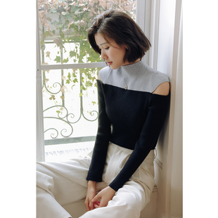 弥古半高领露肩针织衫女秋冬内搭打底长袖法式修身短款上衣高级感