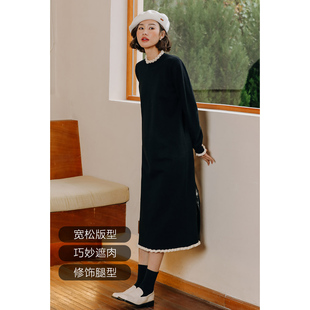 弥古黑色内搭针织连衣裙秋冬加厚打底毛衣裙女新年红色木耳边裙子