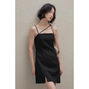 弥古黑色吊带连衣裙小个子秋冬内搭打底裙女高级感修身短款小黑裙