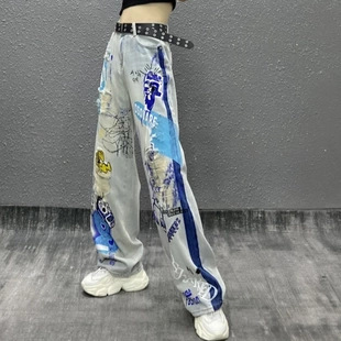 原创定制欧洲站复古个性 女潮 涂鸦高腰口袋水洗牛仔直筒裤 百搭长裤