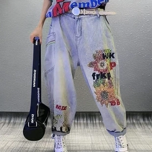 女哈伦九分裤 2025夏季 小众松紧腰显瘦刺绣烫钻牛仔裤 流行新款 爆款