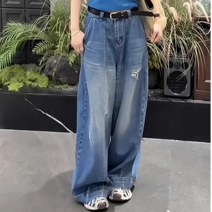 弯刀拖地长裤 2025夏季 女时尚 新款 复古休闲显瘦破洞蓝色阔腿牛仔裤