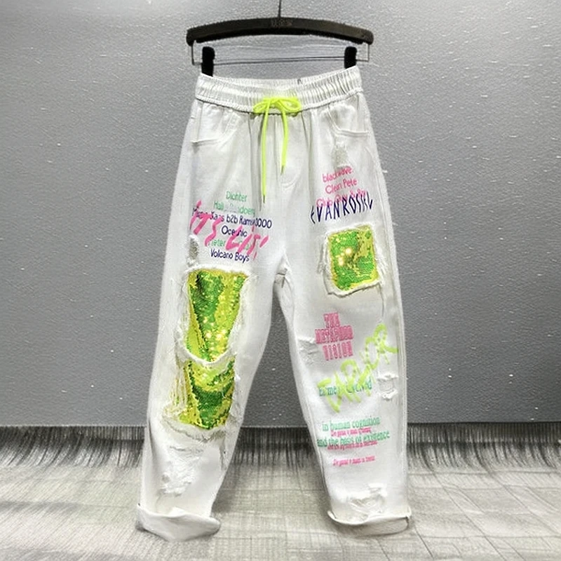 亮片松紧腰系带显瘦八分直筒裤