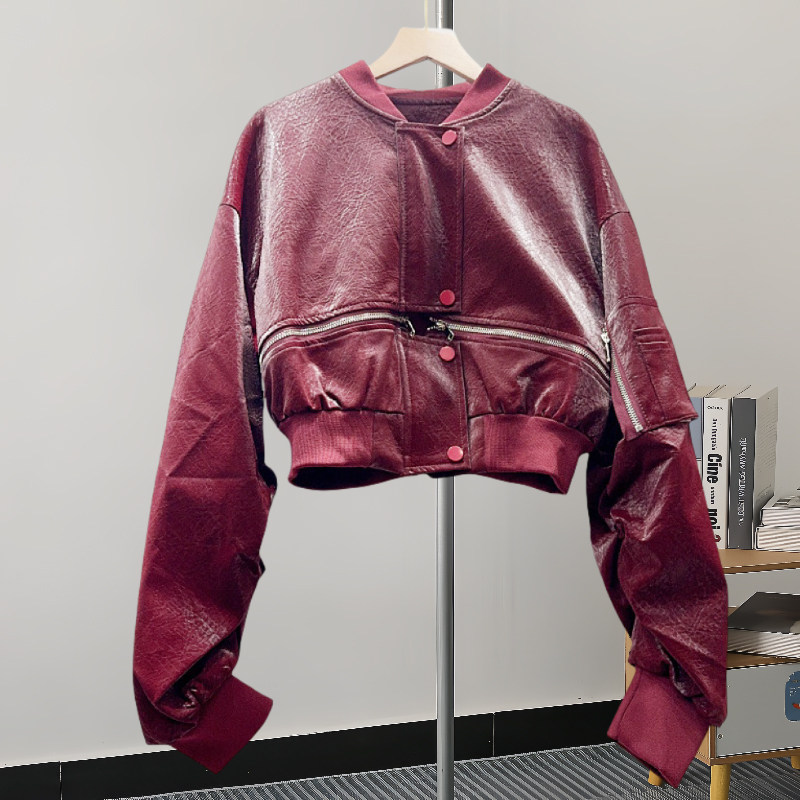 2024春冬新款韩版拼接撞色立领宽松短款皮衣机车服皮夹克外套女潮