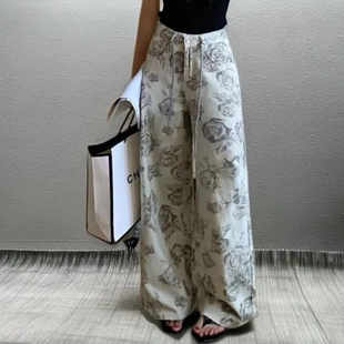 流行新款 小众玫瑰印花阔腿牛仔裤 2025夏季 爆款 女显瘦直筒裤 拖地裤