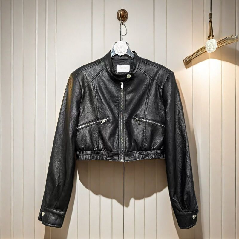 设计感洋气立领拉链短款皮衣外套