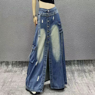宽松复古高级感开叉工装中长裙