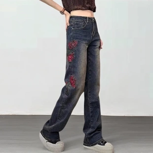 女感闊腿褲 春季 休閑刺繡燙鉆花朵牛仔拖地褲 今年流行爆款 2025新款