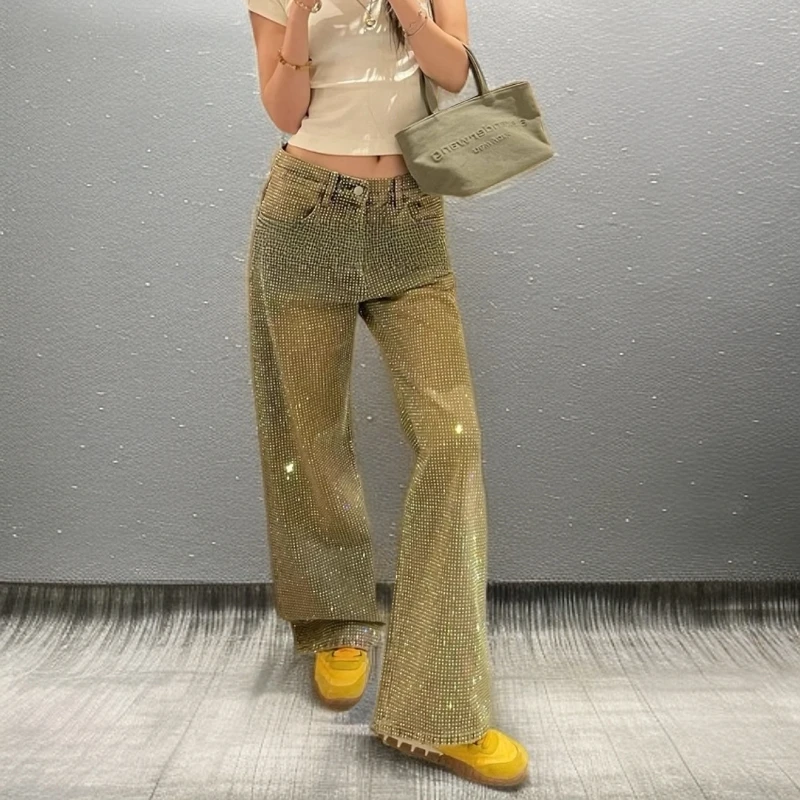 满天星满钻烫钻高腰直筒牛仔裤女