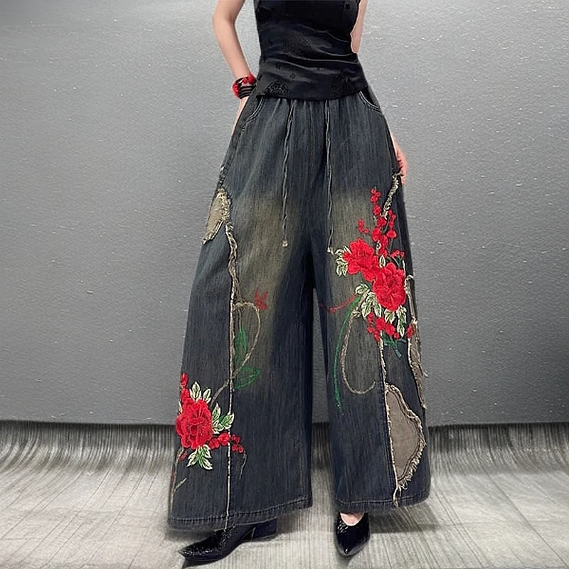 绣花刺绣松紧腰九分牛仔阔腿裤女