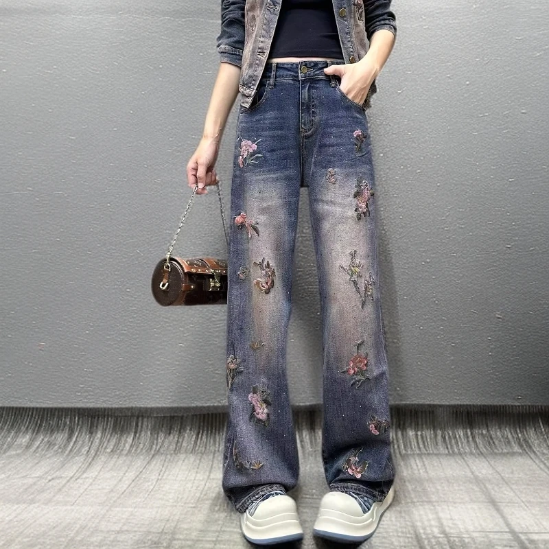 刺绣直筒阔腿牛仔裤高腰显瘦长裤