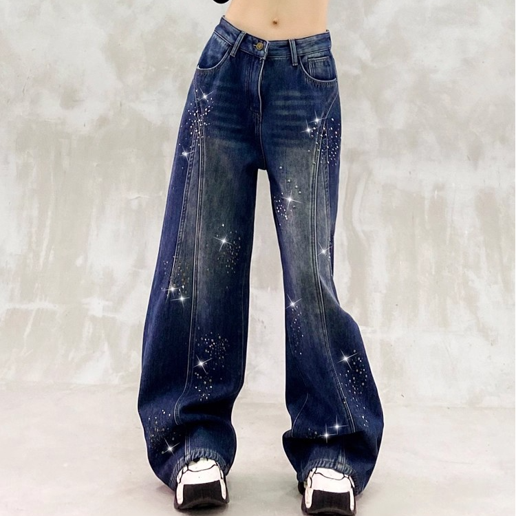 2026春季新款复古休闲拼色烫钻牛仔裤高腰宽松显瘦百搭直筒阔腿裤,女装/女士精品,牛仔裤,淘宝优惠券,粉丝福利购,淘宝优惠卷
