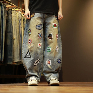 美式高街潮流贴布破洞个性设计牛仔裤宽松休闲时尚百搭痞帅直筒裤