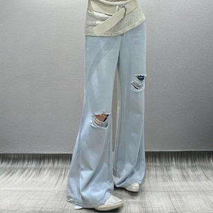 女阔腿喇叭拖地裤 2025夏季 小众蓝色破洞微喇牛仔裤 流行新款 子 爆款