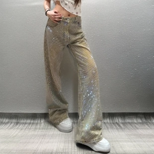 满天星直筒裤 2026年流行网红女裤 女个性 复古辣妹满钻石牛仔裤 美式