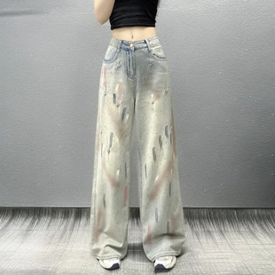 女直筒扎染高街裤 2025夏季 小众渐变涂鸦烫钻牛仔裤 流行新款 子 爆款