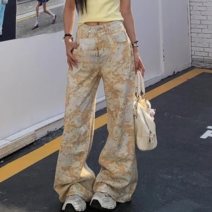 2025夏季 新款 复古休闲印花牛仔裤 女宽松直筒花色印花拖地阔腿长裤