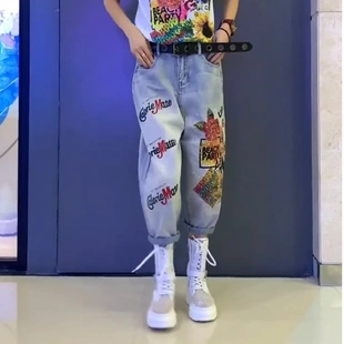 镶钻印花牛仔哈伦九分裤 欧洲站2025年夏季 个性 新款 女 重工显瘦时尚