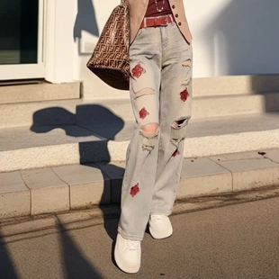 直筒阔腿裤 2025流行夏季 洋气百搭刺绣玫瑰花朵破洞牛仔裤 女装 新款