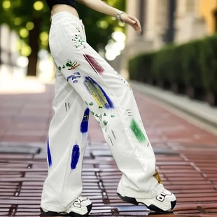 涂鸦印花破洞牛仔裤 白色高腰显瘦阔腿直筒长裤 时尚 女2025夏季 新款