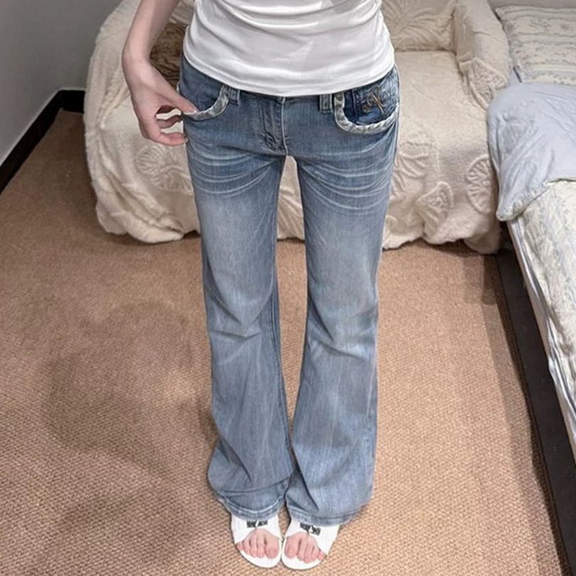 秋季新款美式辣妹百搭豹纹低腰牛仔裤女高街水洗复古辣妹喇叭长裤