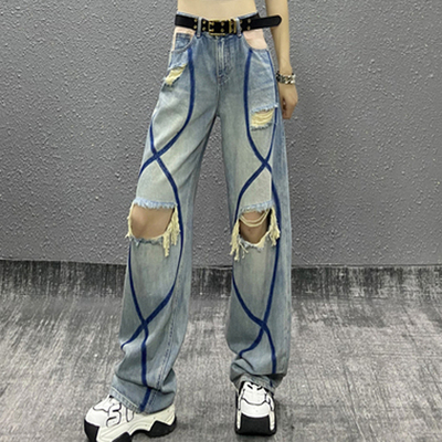 破洞乞丐美式做旧个性拖地直筒裤