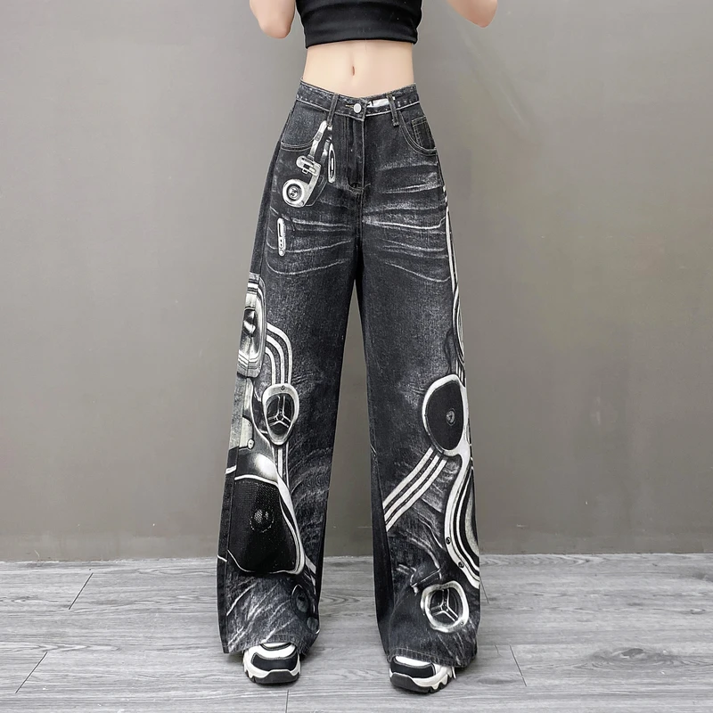 炫酷卡通印花设计水洗牛仔裤女秋新款高腰宽松显瘦百搭直筒阔腿裤