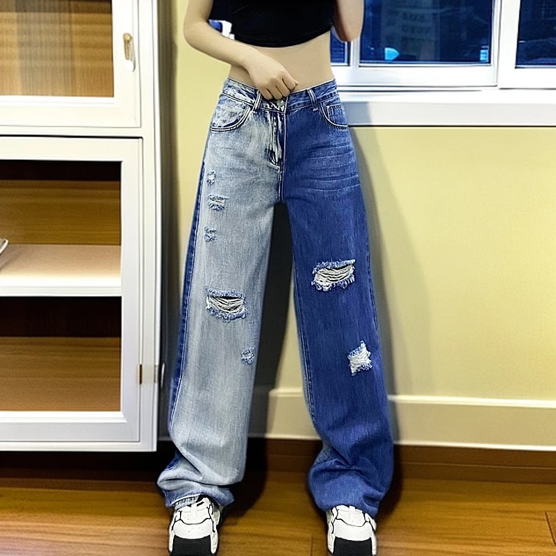 百搭撞色破洞高腰显瘦阔腿拖地裤