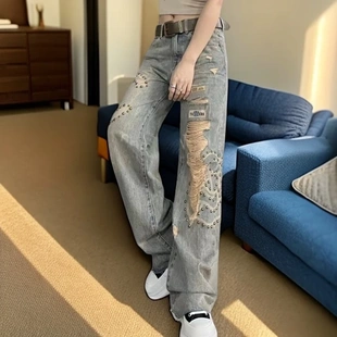 新款 夏季 高级设计感潮流高腰显瘦牛仔裤 女钉珠破洞百搭拖地阔脚裤