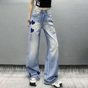 女高腰显瘦宽松直筒阔腿裤 2025夏季 小众印花牛仔长裤 流行新款 爆款