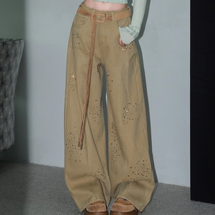 新款 阔腿长裤 复古休闲高腰加绒牛仔裤 美式 遮肉显瘦弯刀裤 2026春季