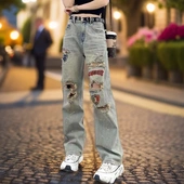字母刺绣破洞牛仔裤 高腰显瘦设计感直筒长裤 女款 薄款 春季 2026新款
