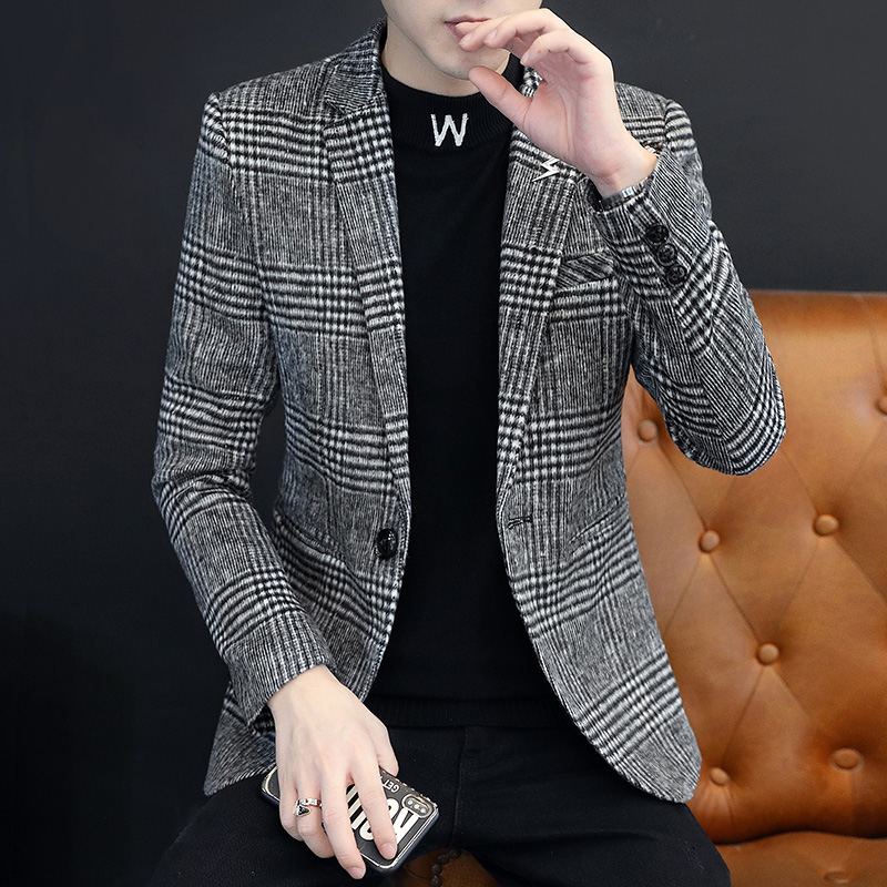 2025春季新款小西装男修身毛呢韩版潮格子休闲单排扣休闲西服青年