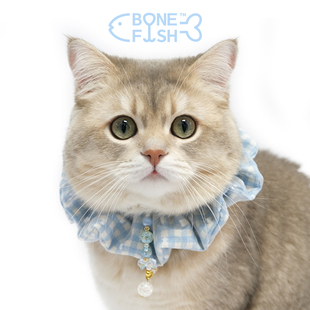 BONEFISH原创手作宠物围脖猫狗通用蓝格纹珠珠领巾大肠圈发腮神器