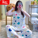 夏季女士薄款背心长裤棉绸睡衣套装无袖慵懒人造棉布家居服可外穿